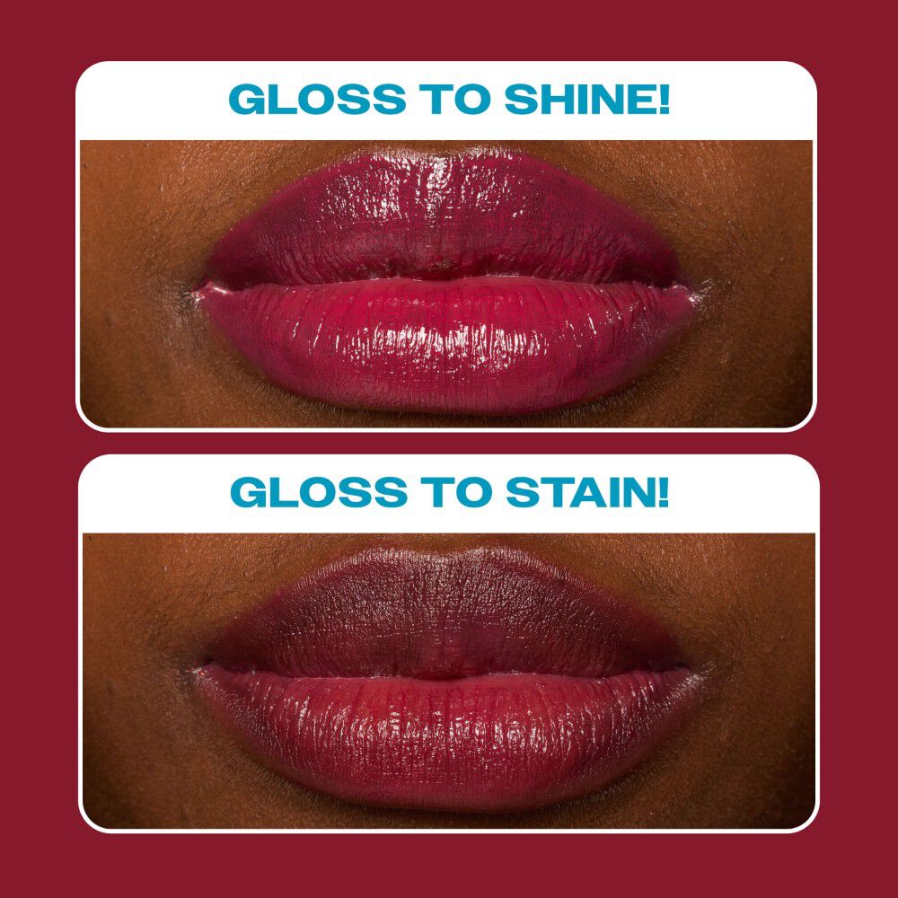 NYX Professional Makeup Lip I.V. Hydrating Lip Gloss Stain mostrato sulle labbra prima e dopo che il gloss si trasforma in stain (tintura).