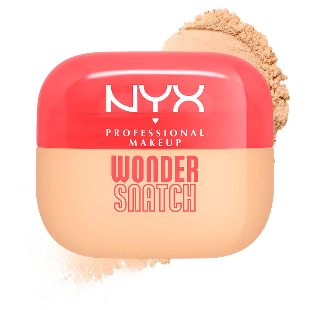 Confezione di cipria in polvere libera NYX Professional Makeup Wonder Snatch, con tappo rosso corallo e base beige, circondata da polvere chiara.
