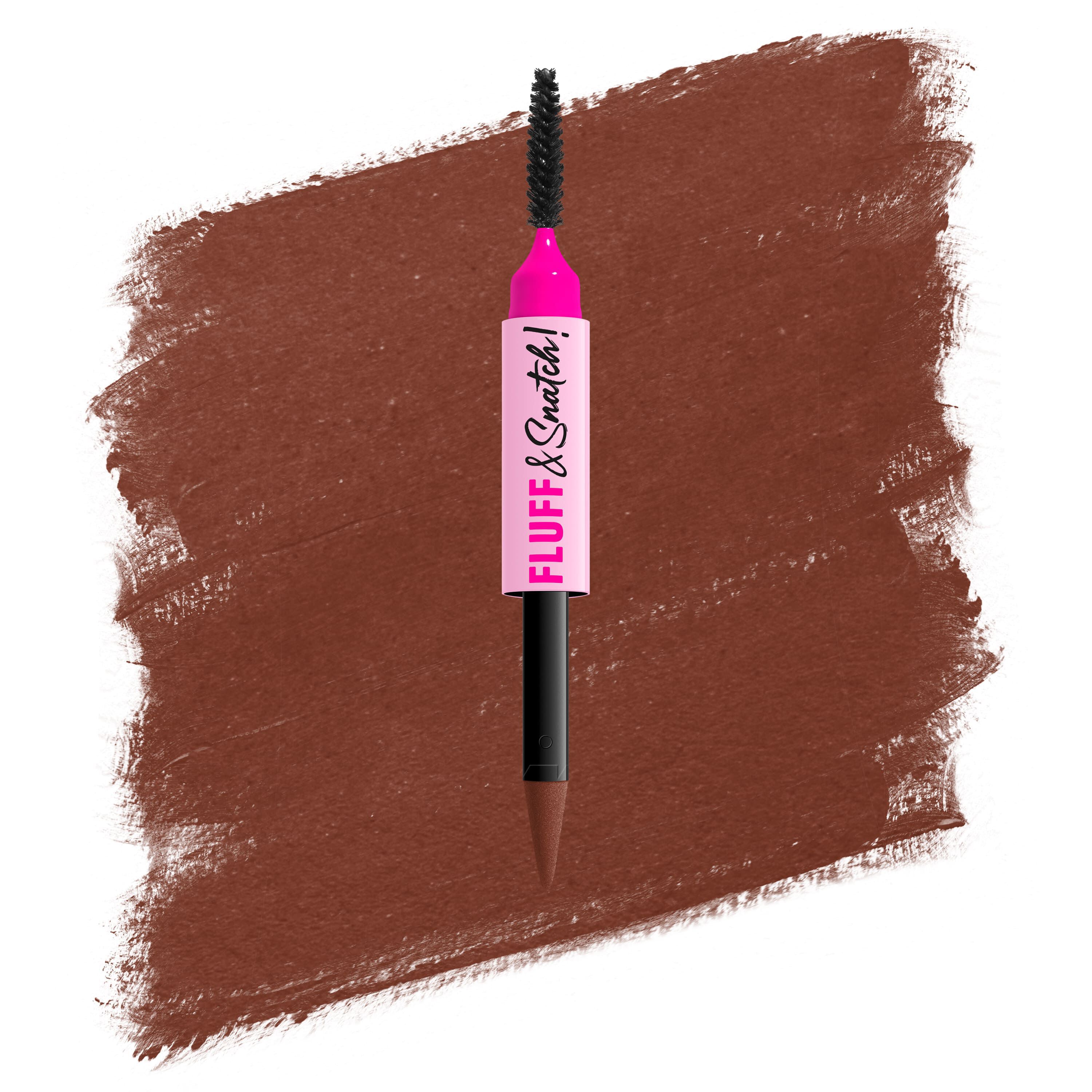 Packshot della penna per sopracciglia in polvere NYX Fluff and Snatch con swatch su sfondo bianco nella tonalita 04 Rich Auburn