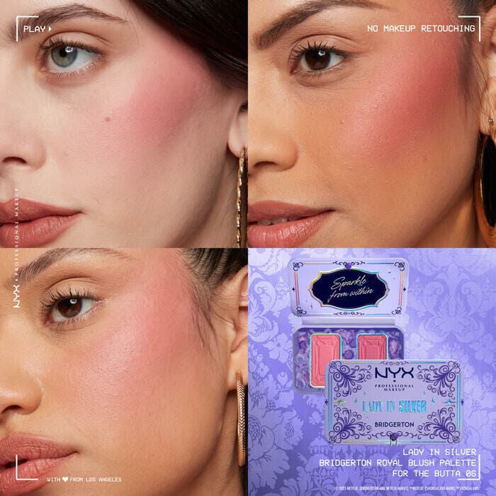 Griglia di quattro primi piani: modelle con diverse tonalita di pelle che indossano il NYX Professional Makeup Bridgerton Blush Duo, mostrando le tonalita sulla pelle. La palette di blush aperta e mostrata sotto nella tonalita 02 Lady In Silver.