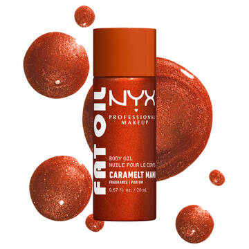 Olio corpo NYX Professional Makeup Fat Oil (Caramelt Mami) in flacone con erogatore a pressione bronzo metallizzato, centrato su uno sfondo chiaro con campioni di olio bronzo scintillante sul retro.