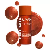Olio corpo NYX Professional Makeup Fat Oil (Caramelt Mami) in flacone con erogatore a pressione bronzo metallizzato, centrato su uno sfondo chiaro con campioni di olio bronzo scintillante sul retro.