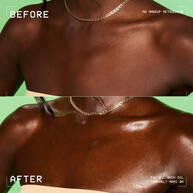 Immagine prima e dopo di decollete e spalle della modella, che mostra una luminosita ambrata piu intensa dopo l'applicazione dell'olio corpo NYX Professional Makeup Fat Oil (Caramelt Mami). Il testo specifica l'assenza di fotoritocco sul makeup.