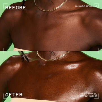 Immagine prima e dopo di decollete e spalle della modella, che mostra una luminosita ambrata piu intensa dopo l'applicazione dell'olio corpo NYX Professional Makeup Fat Oil (Caramelt Mami). Il testo specifica l'assenza di fotoritocco sul makeup.