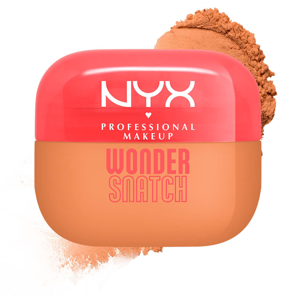 Confezione di cipria in polvere libera NYX Professional Makeup Wonder Snatch, con tappo rosso corallo e base beige, circondata da polvere chiara.