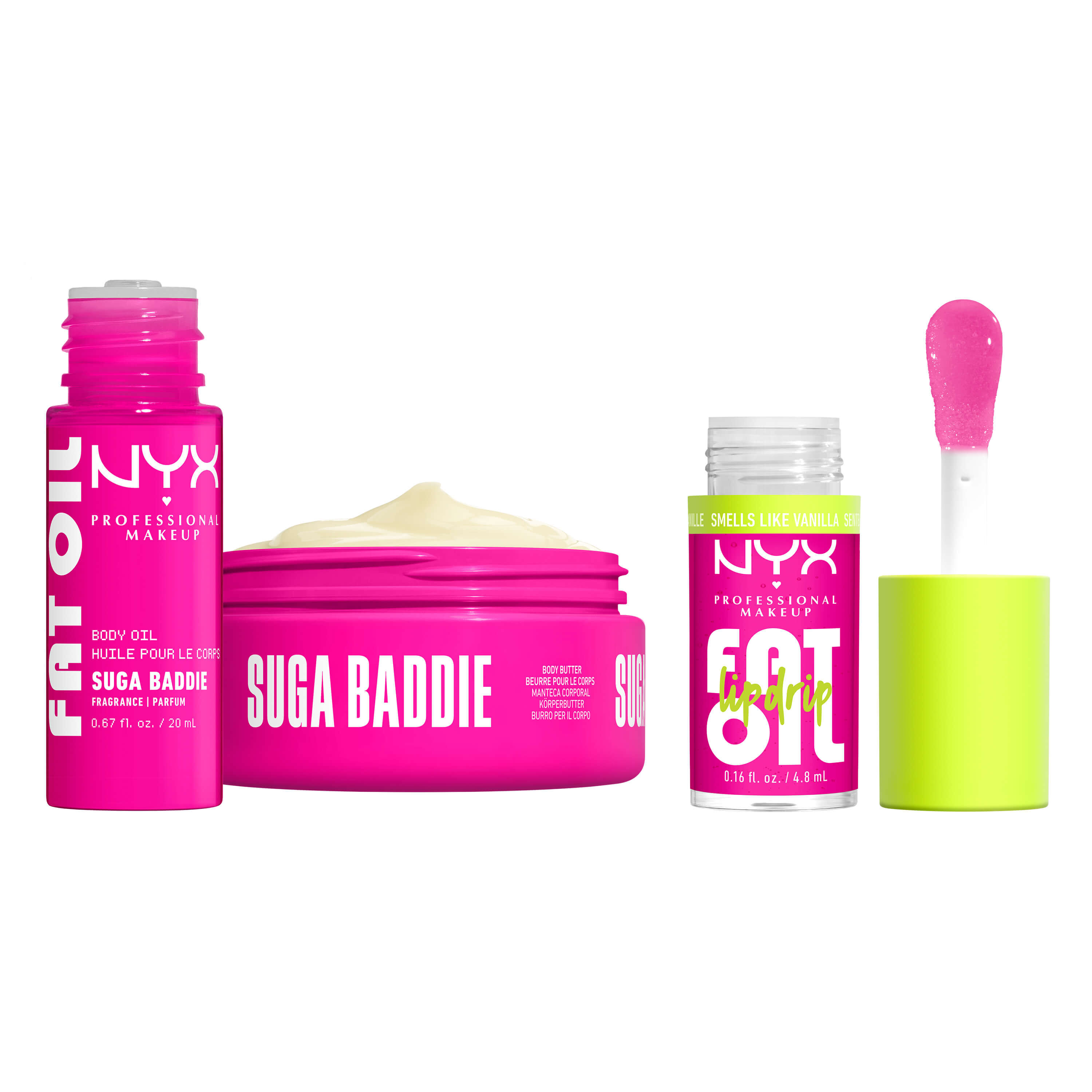 Gamma prodotti del kit labbra e corpo NYX Professional Makeup Suga Baddie Fat Oil: include Fat Oil Lip Drip, mini burro corpo Fat Oil e mini olio corpo Fat Oil.