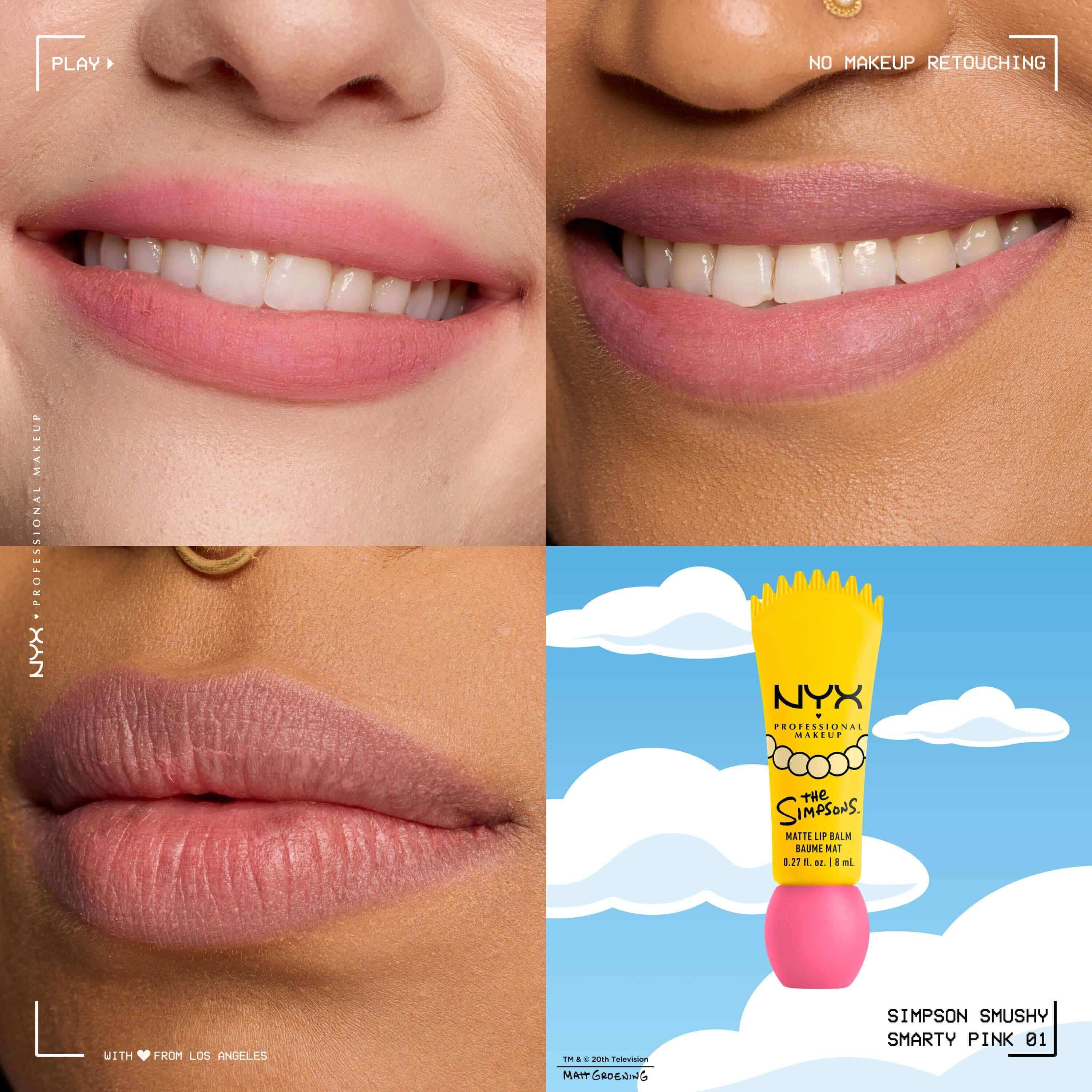 Griglia delle tonalita del balsamo labbra opaco NYX Professional Makeup The Simpsons Smushy Matte che mostra lo swatch rosa sulle labbra con il packaging, tonalita 01 Smarty Pink.