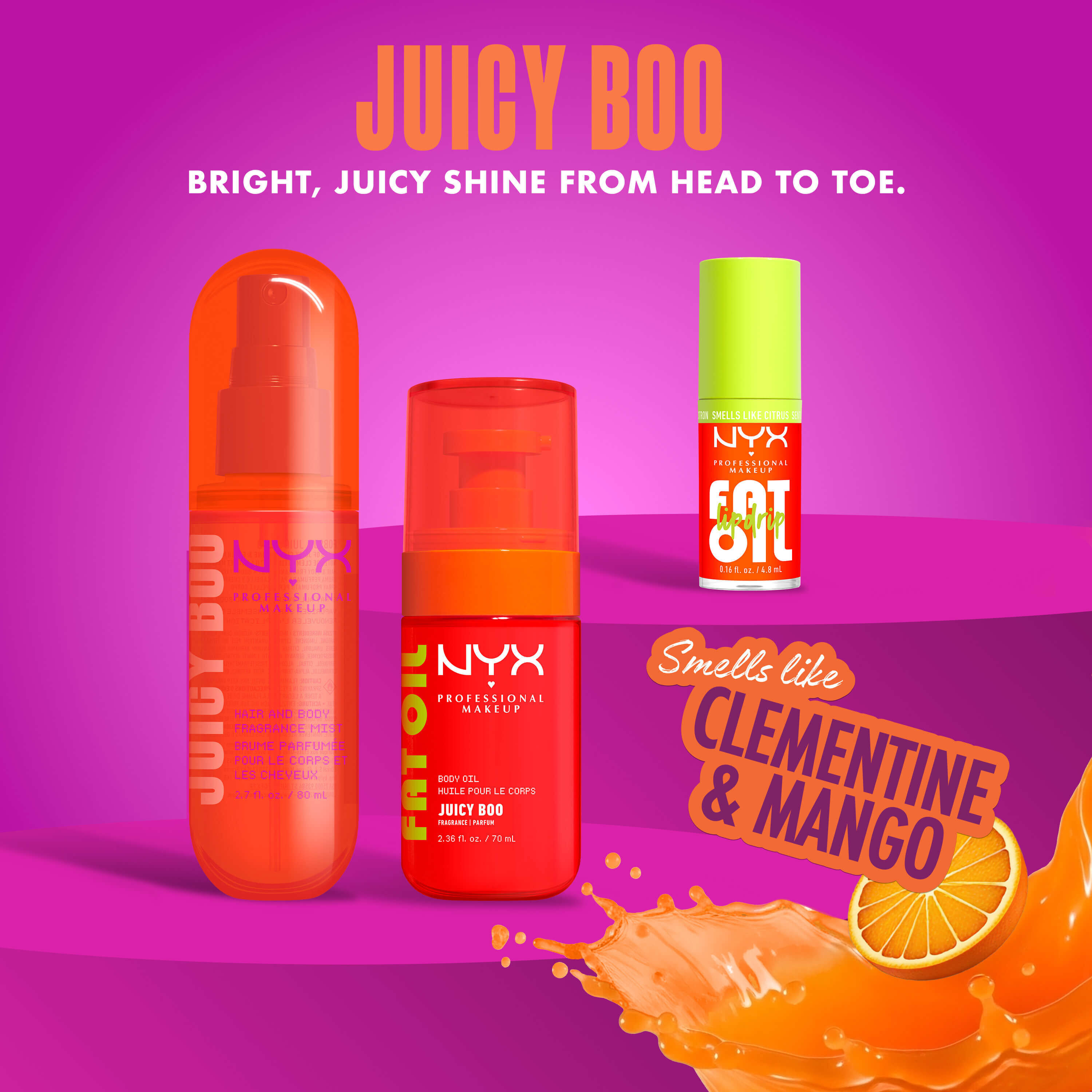 Gamma NYX Professional Makeup Juicy Boo: include lo spray profumato capelli e corpo, l'olio corpo e il lucidalabbra Fat Oil Lip Drip su sfondo viola (fragranza clementina e mango).