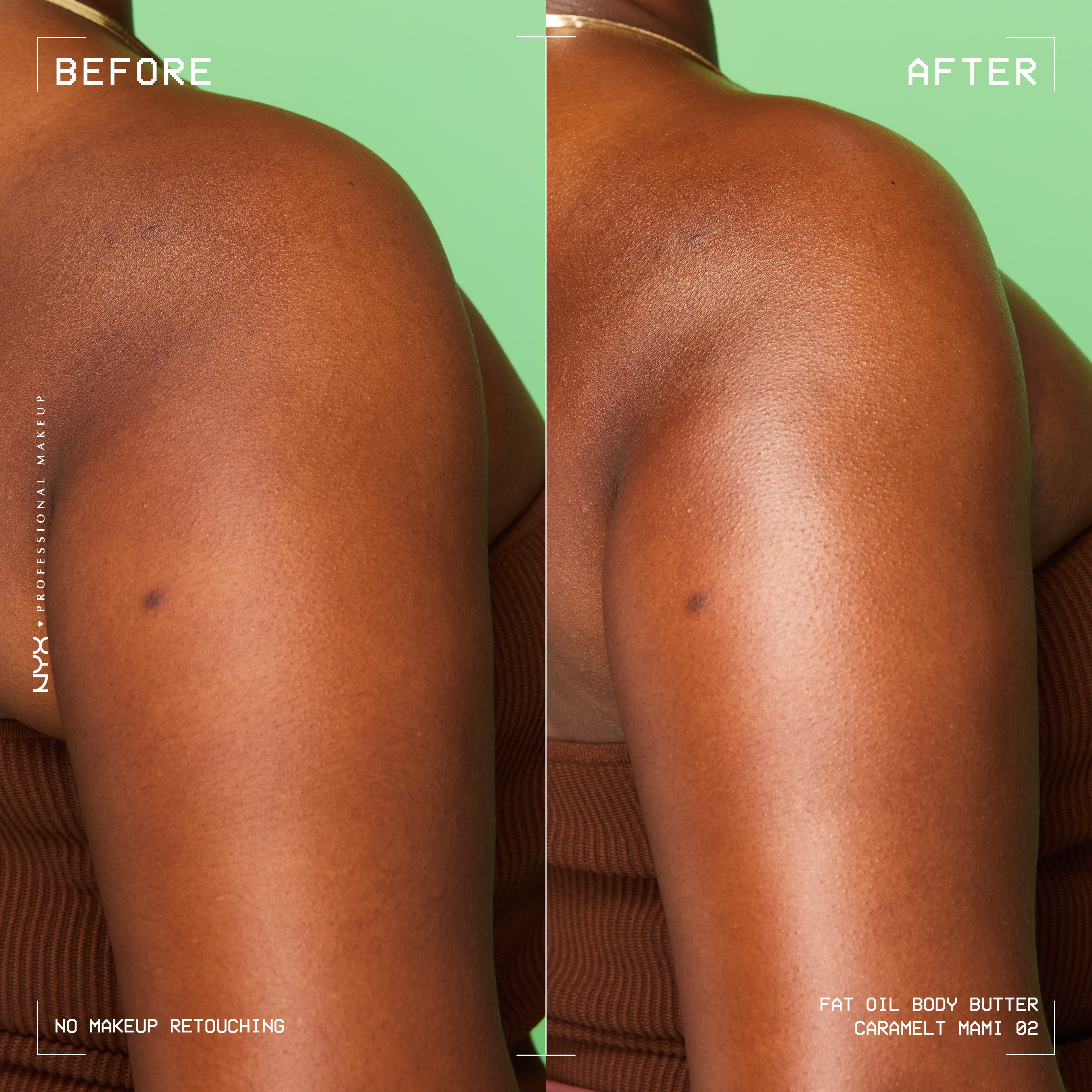 Confronto prima e dopo sulle braccia con il mini olio corpo NYX Professional Makeup Fat Oil (Caramelt Mami); mostra una pelle dall'aspetto piu liscio, ambrato e luminoso dopo l'applicazione.