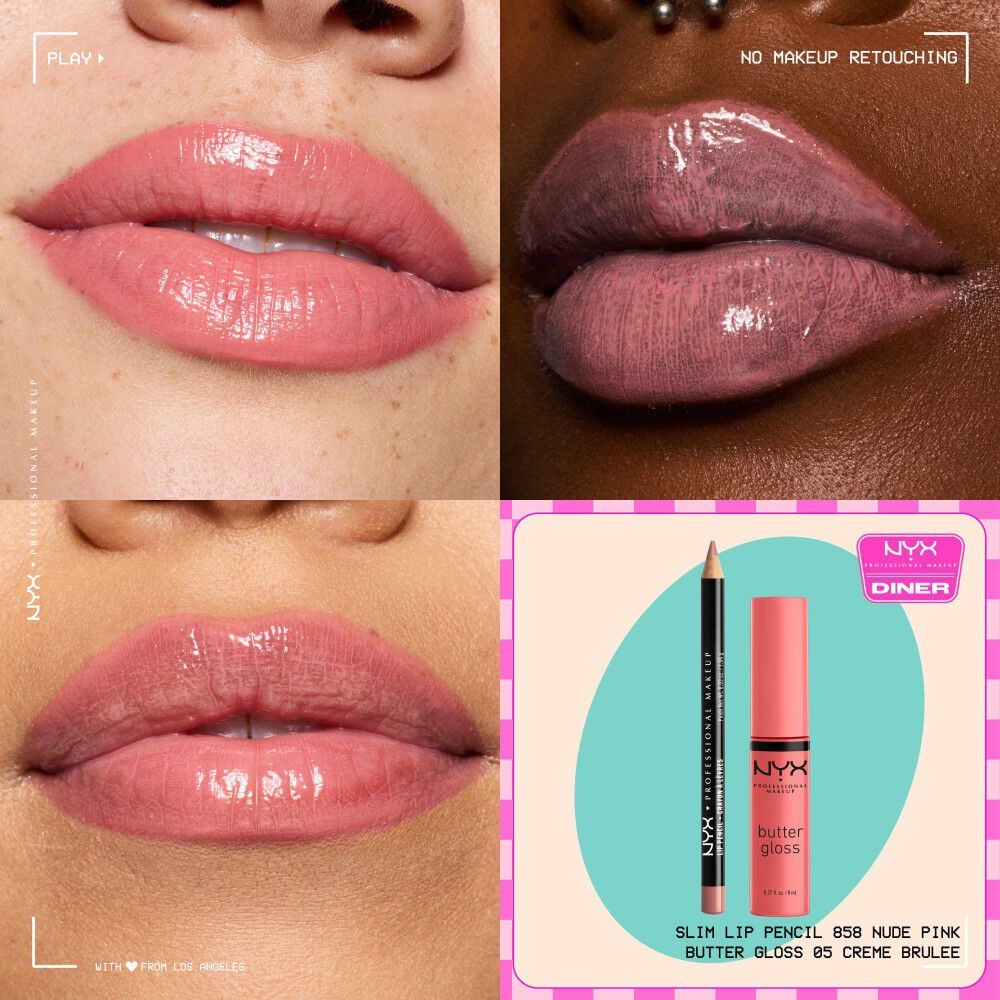 NYX Professional Makeup Slim Lip Pencil nella tonalita 858 Nude Pink e Butter Gloss nella tonalita 05 Creme Brulee mostrati su tre primi piani di labbra con un piccolo packshot del duo di prodotti.