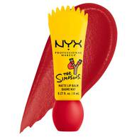 Packshot del balsamo labbra opaco NYX Professional Makeup The Simpsons Smushy Matte con swatch rosso e packaging giallo su sfondo bianco, tonalita 02 Rebel Red.