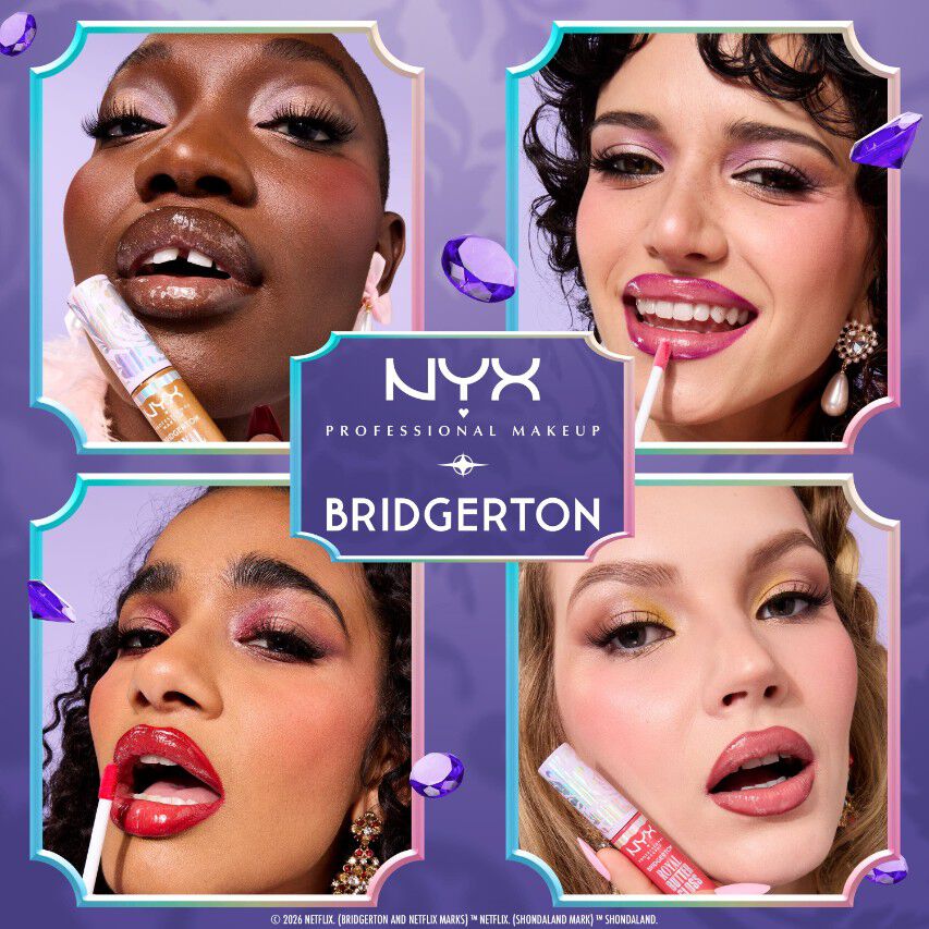 Immagini di bellezza NYX Professional Makeup Bridgerton con confezioni di prodotti ed elementi decorativi viola.