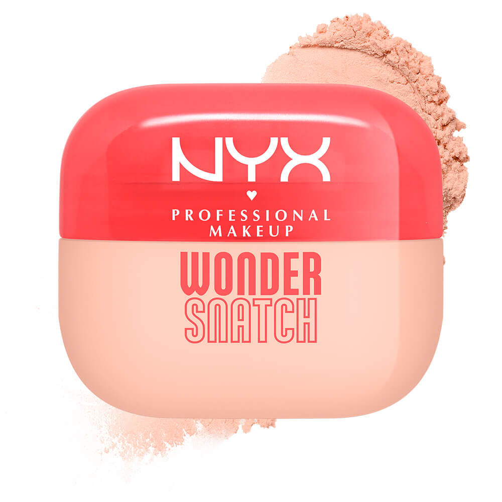 Confezione di cipria in polvere libera NYX Professional Makeup Wonder Snatch, con tappo rosso corallo e base beige, circondata da polvere chiara.
