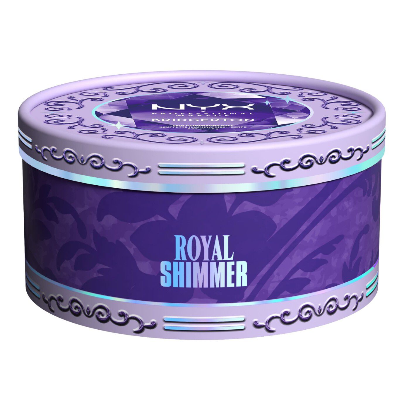 Scatola NYX Professional Makeup Bridgerton Royal Shimmer Skin Illuminating Puff chiusa, che mostra l'elegante confezione viola e il nome del prodotto su uno sfondo bianco.