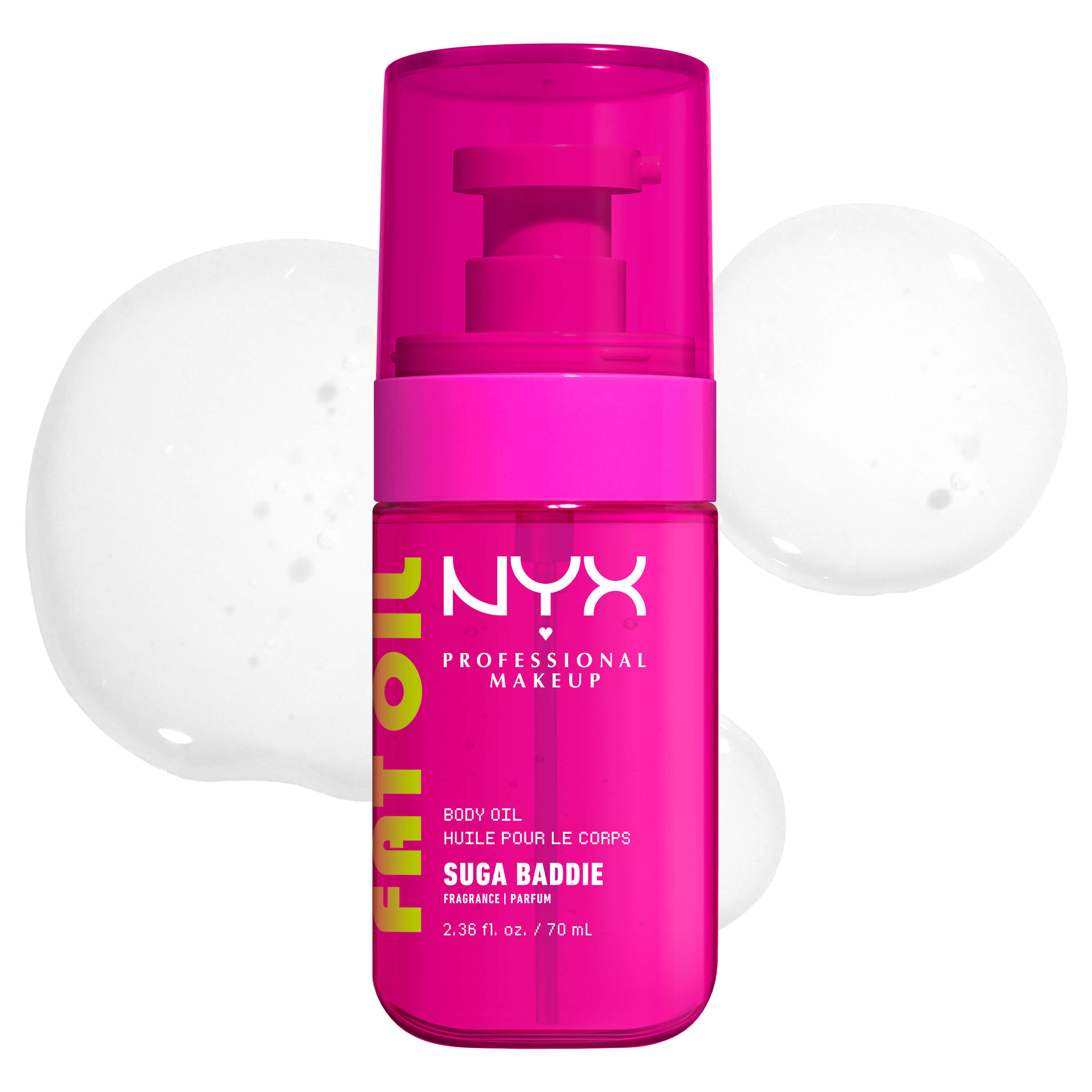 Olio corpo NYX Professional Makeup Fat Oil nella variante Suga Baddie, mostrato in un flacone rosa acceso con campioni di texture trasparente e brillante su sfondo bianco.