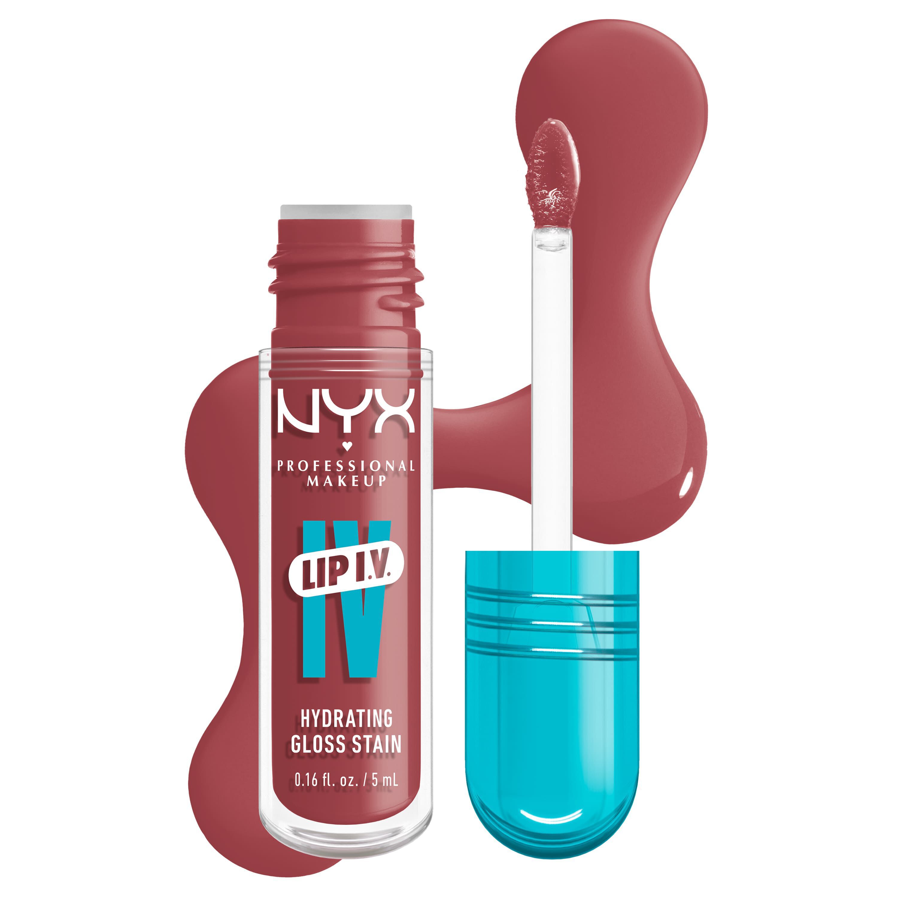 Packshot della tinta labbra idratante NYX Professional Makeup Lip IV Hydrating Gloss Stain con applicatore e swatch di prodotto su sfondo bianco nella tonalita 17 Petal Pourin'.