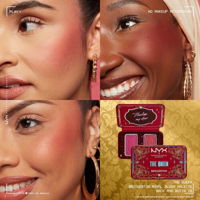 Griglia di quattro primi piani: modelle con diverse tonalita di pelle che indossano il NYX Professional Makeup Bridgerton Blush Duo, mostrando le tonalita sulla pelle. La palette di blush aperta e mostrata sotto nella tonalita 03 The Queen.