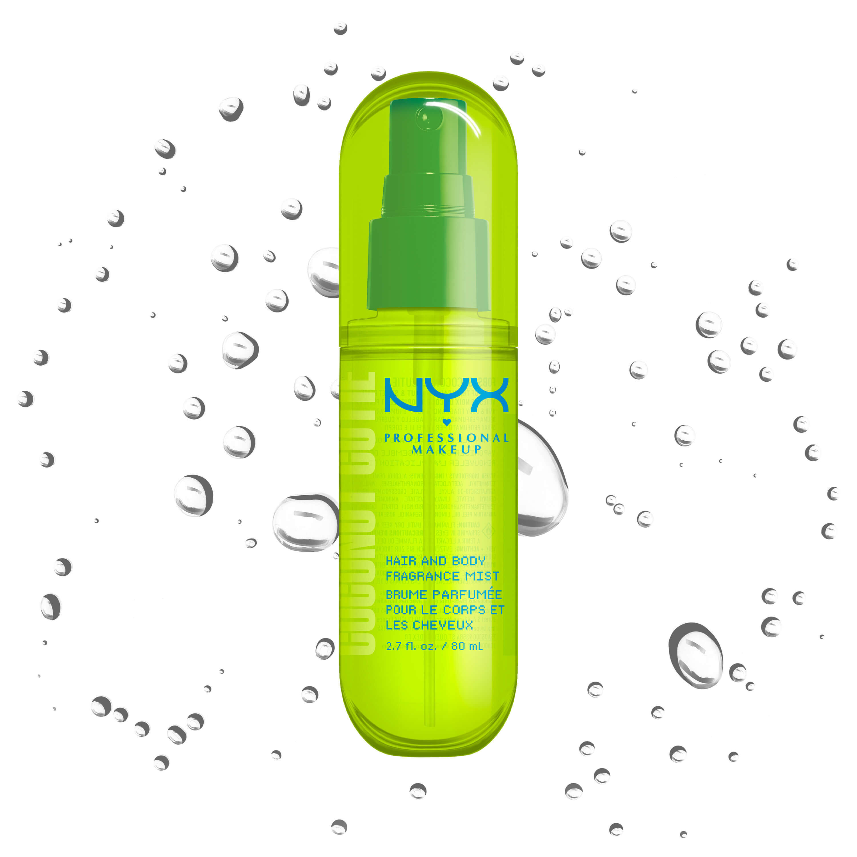 Spray profumato capelli e corpo NYX Professional Makeup Coconut Cutie in un flacone spray verde neon su sfondo chiaro con goccioline d'acqua.