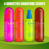 Quattro spray profumati capelli e corpo NYX Professional Makeup mostrati insieme nelle varianti Suga Baddie, Juicy Boo, Coconut Cutie e Caramelt Mami su sfondo verde.