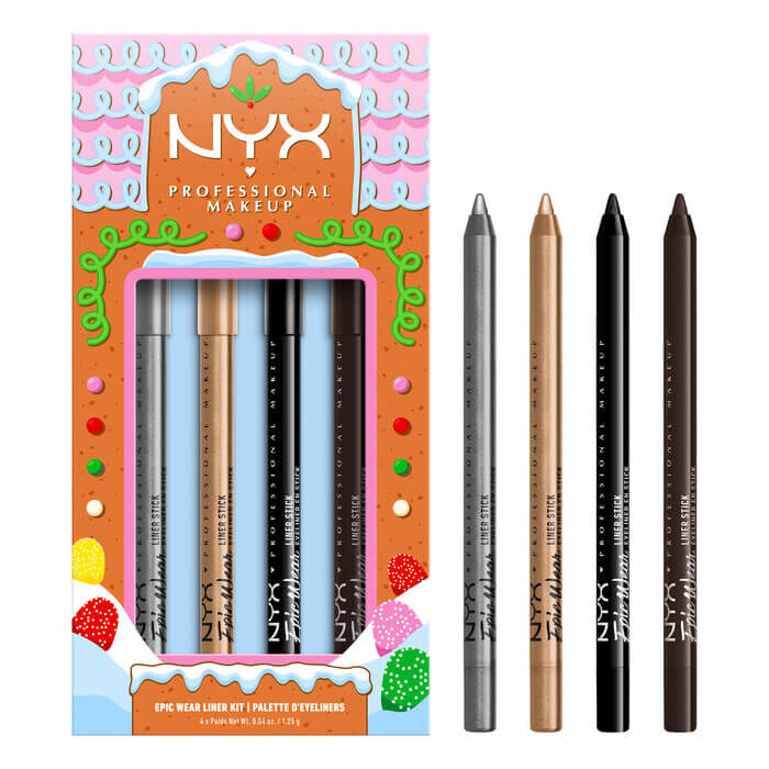 Mostra il packaging del Kit Holiday Epic Wear Liner Stick di NYX Professional Makeup accanto alle quattro matite eyeliner estratte dal kit, offrendo una visione chiara di ciascuna shade.