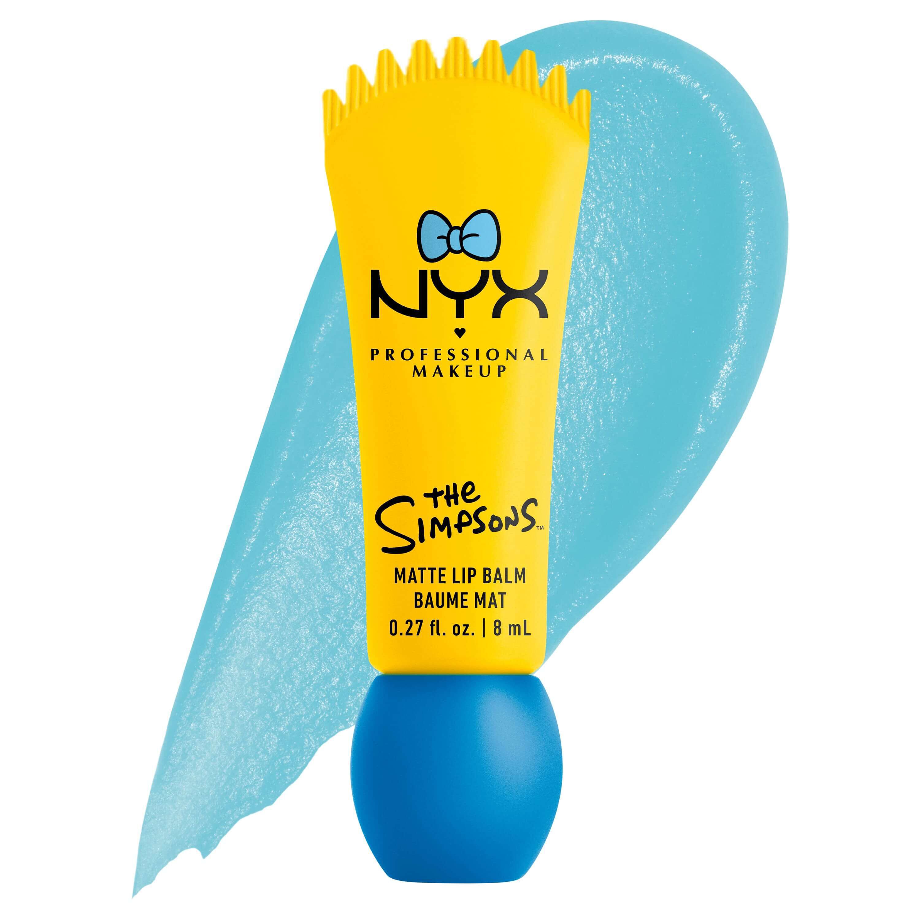 Packshot del balsamo labbra opaco NYX Professional Makeup The Simpsons Smushy Matte con swatch blu e packaging giallo su sfondo bianco, tonalita 03 Peekaboo Blue.