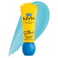 Packshot del balsamo labbra opaco NYX Professional Makeup The Simpsons Smushy Matte con swatch blu e packaging giallo su sfondo bianco, tonalita 03 Peekaboo Blue.