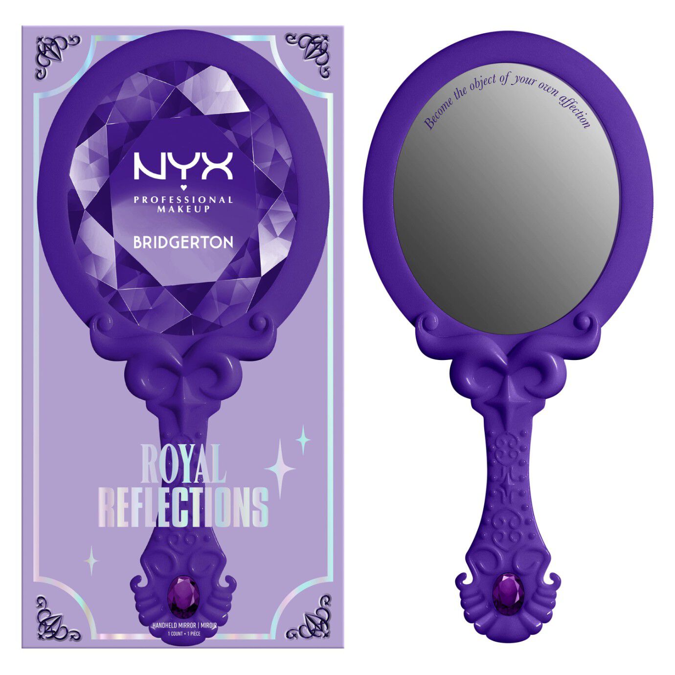 NYX Professional Makeup Bridgerton Royal Reflections Handheld Mirror mostrato di fronte alla sua confezione esterna decorativa viola su uno sfondo bianco.