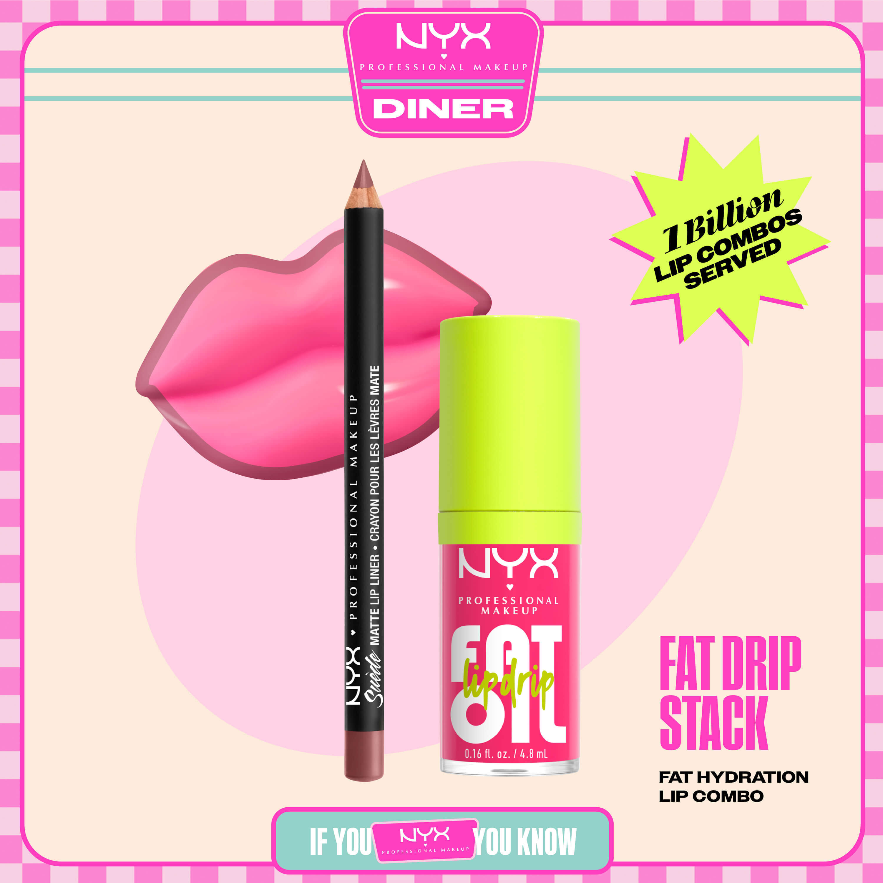 Matita labbra NYX Professional Makeup Suede Matte Lip Liner n. 25 Whipped Caviar e gloss Fat Oil Lip Drip n. 02 Missed Call mostrati in uno scatto stilizzato (packshot) con grafica labbra e confezione del prodotto.