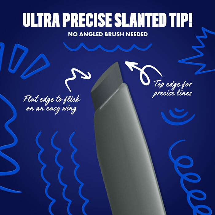 Blue-themed NYX graphic highlighting the slanted tip of an eyeliner pen. Arrows explain how to use the flat edge for wings and the top edge for precise lines. Text: "Ultra precise slanted tip! No angled brush needed." in shade 15 Off-Grid Grey