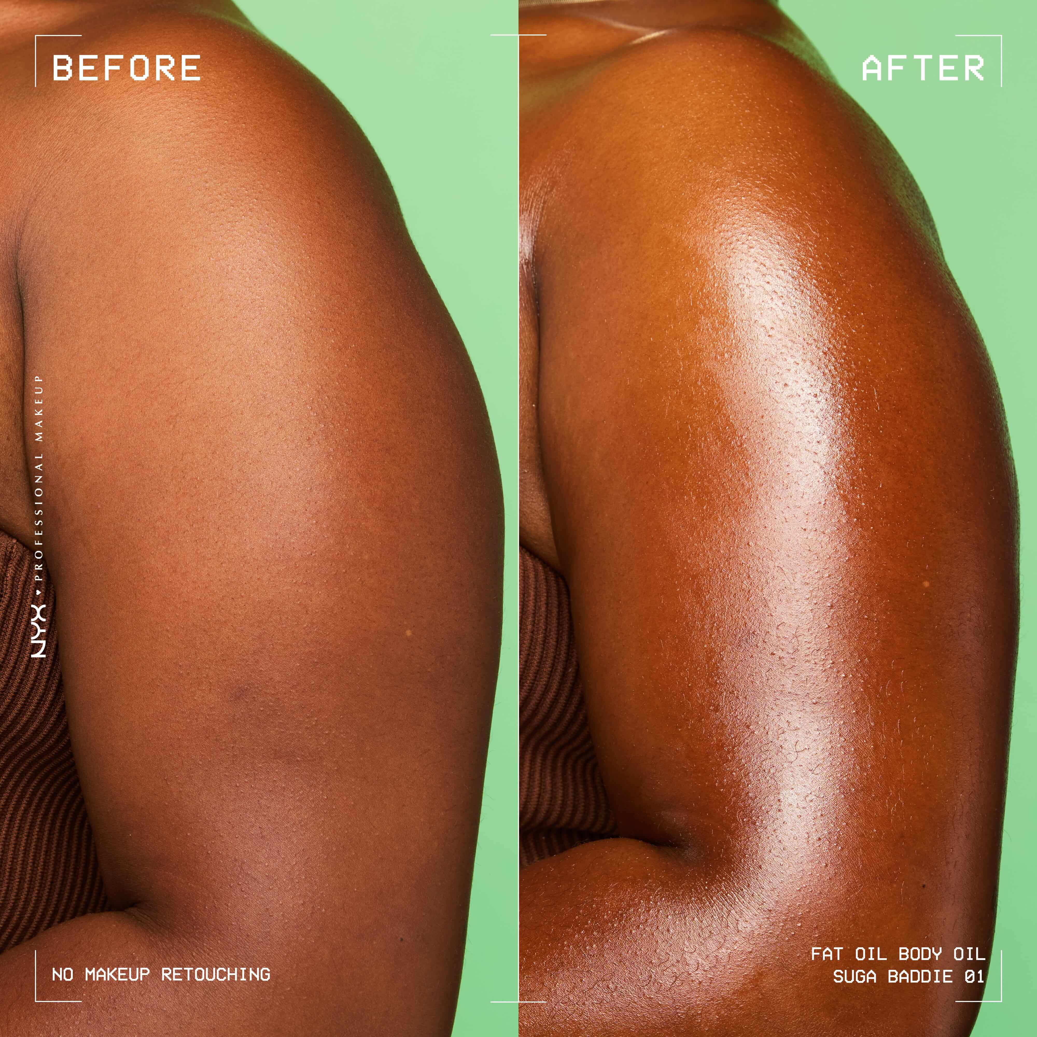 Confronto prima e dopo sulla parte superiore del braccio con l'olio corpo NYX Professional Makeup Fat Oil (Suga Baddie); mostra una pelle piu liscia, radiosa e luminosa dopo l'applicazione.