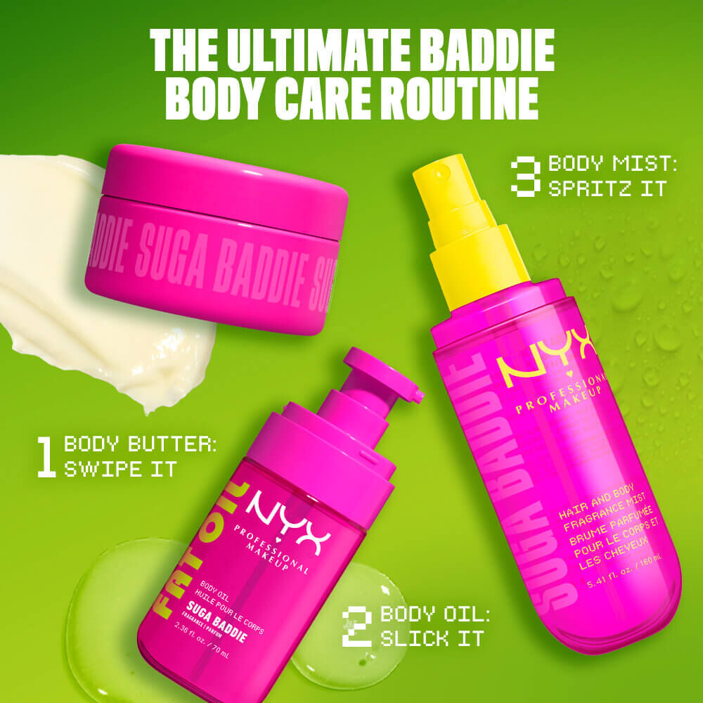 Routine corpo NYX Professional Makeup Suga Baddie con burro corpo, olio corpo e spray profumato su sfondo verde; illustra i passaggi: stendi, leviga e nebulizza.