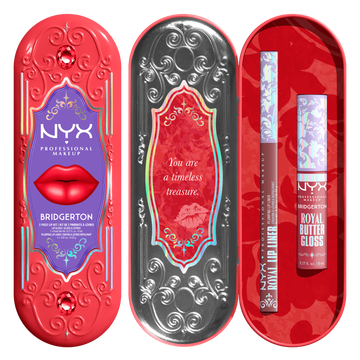 Confezione chiusa e aperta del NYX Professional Makeup Bridgerton Royal Treasures Duo Labbra che mostra lucidalabbra e matita labbra all'interno, visualizzata su uno sfondo bianco nelle tonalita Peony Passion, Cupid's Secret