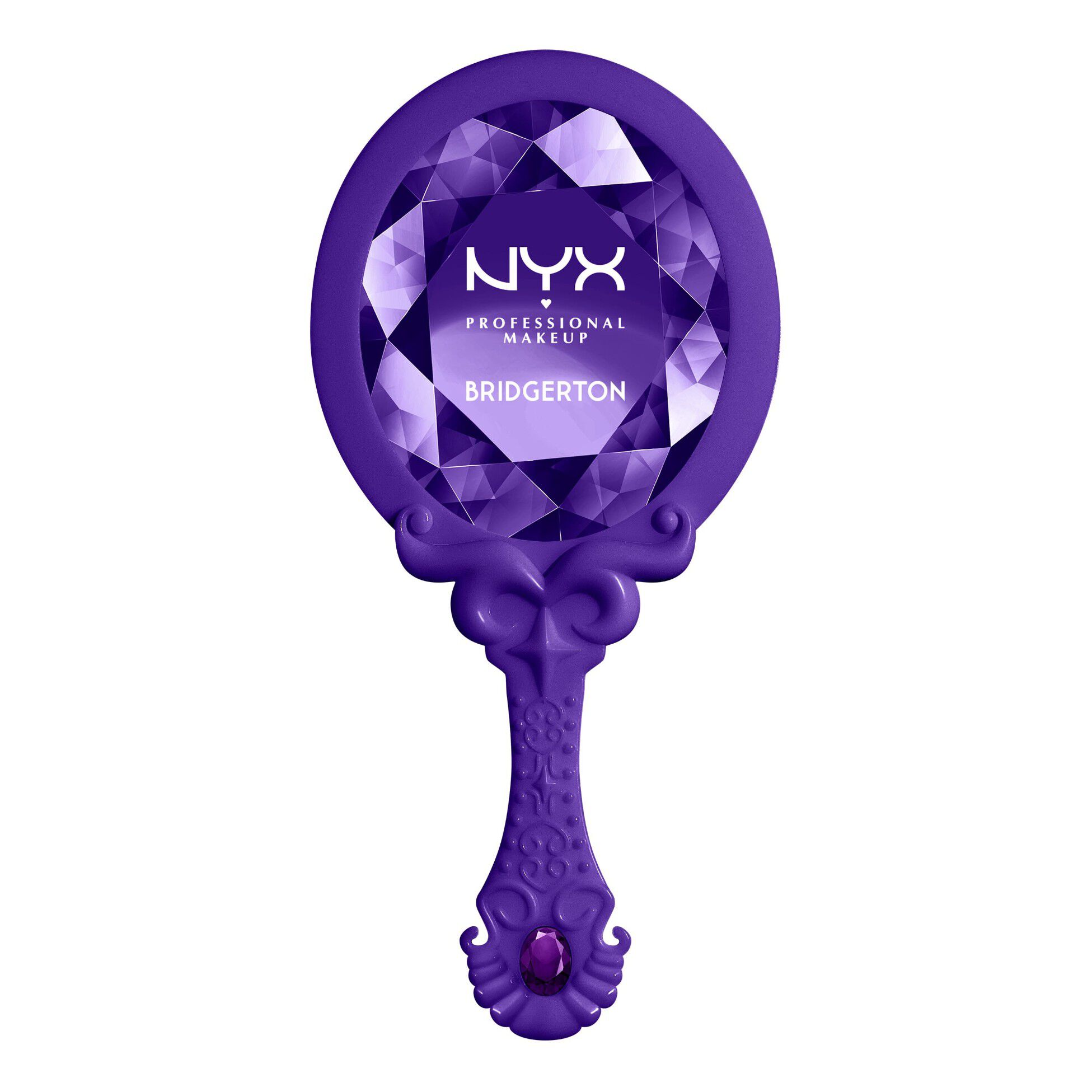 Vista posteriore del NYX Professional Makeup Bridgerton Royal Reflections Handheld Mirror con manico viola decorato e logo, mostrato su uno sfondo bianco