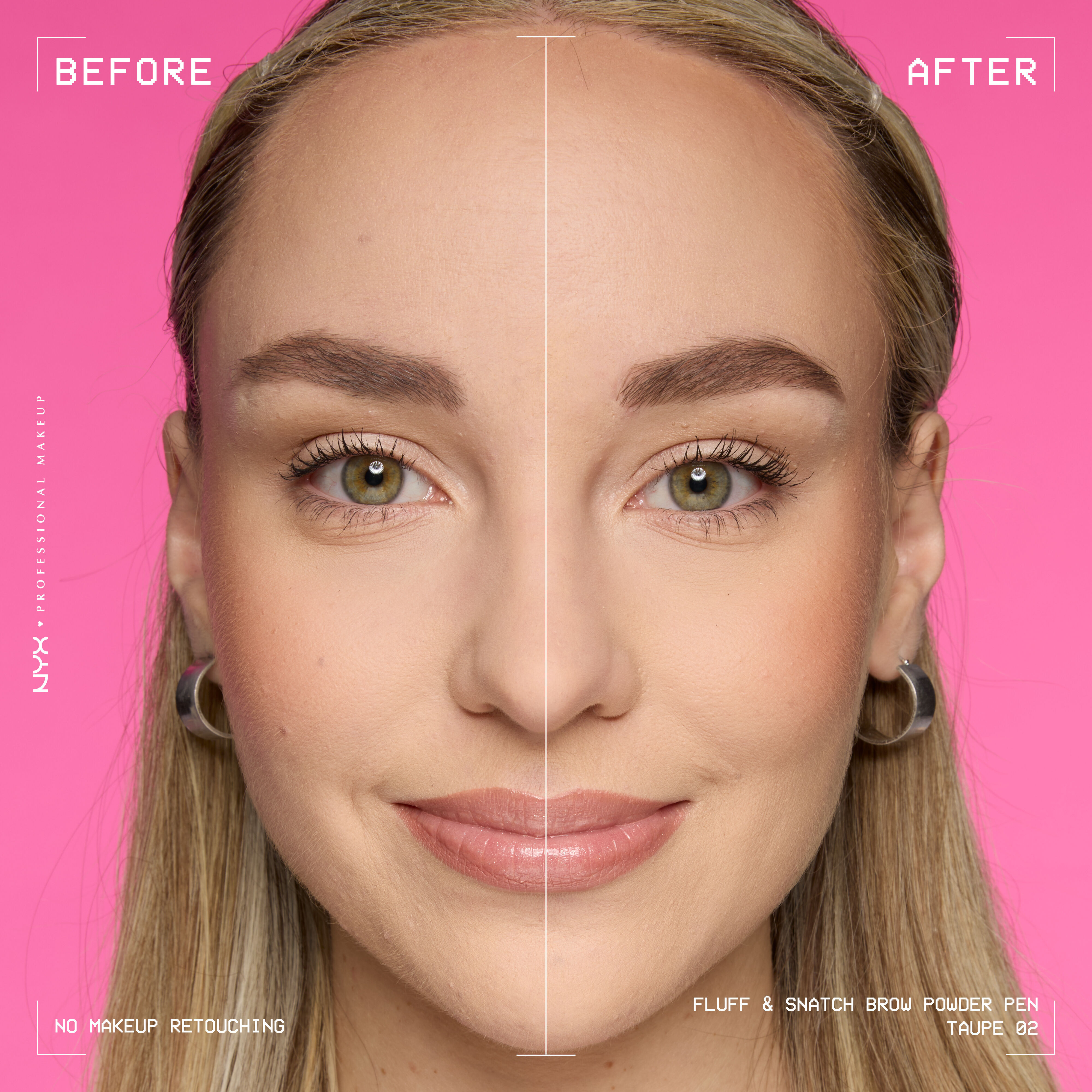 Modella mostrata prima e dopo l'utilizzo della penna per sopracciglia in polvere NYX Fluff and Snatch su sfondo rosa nella tonalita 02 Taupe