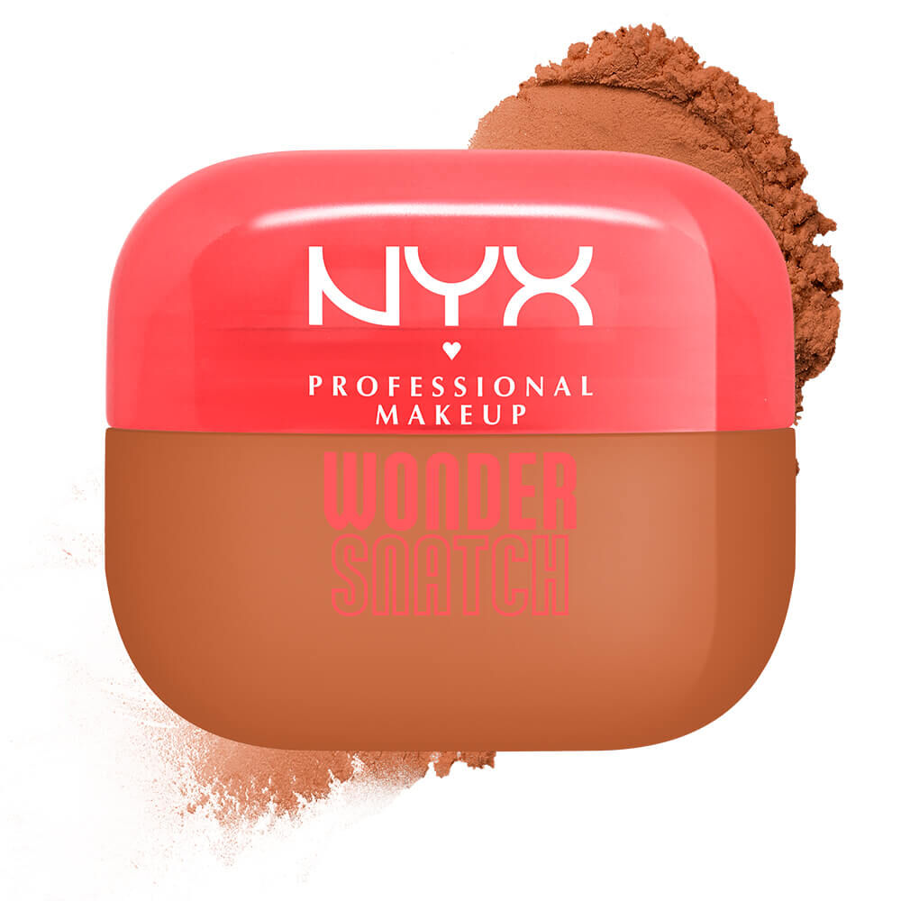 Confezione di cipria in polvere libera NYX Professional Makeup Wonder Snatch, con tappo rosso corallo e base beige, circondata da polvere chiara.
