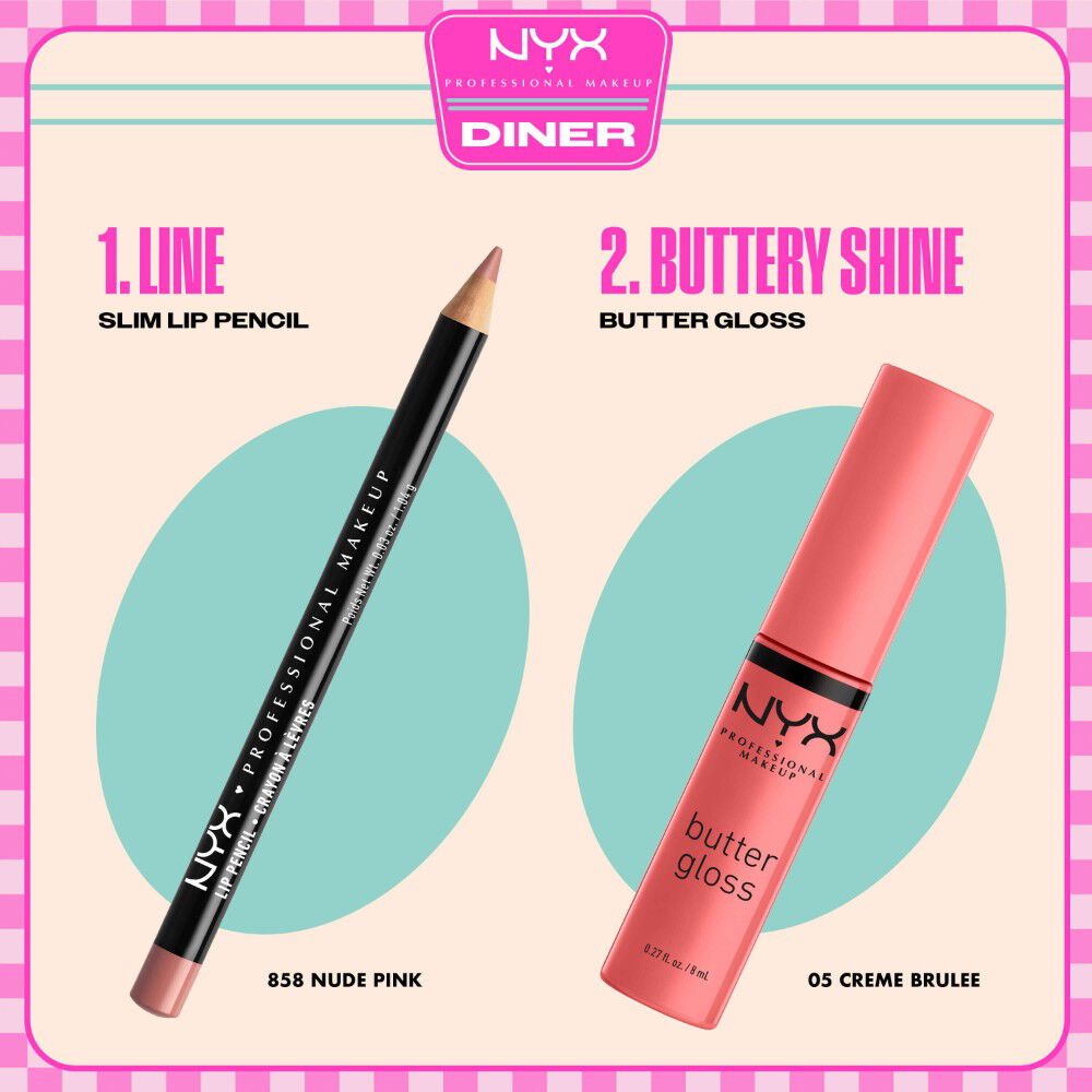 NYX Professional Makeup Slim Lip Pencil nella tonalita 858 Nude Pink e Butter Gloss nella tonalita 05 Creme Brulee mostrati come routine labbra in due step.