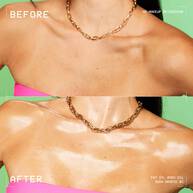 Confronto prima e dopo su clavicole e decollete con il mini olio corpo NYX Professional Makeup Fat Oil (Suga Baddie); mostra un finish della pelle piu radioso e luminoso dopo l'applicazione.