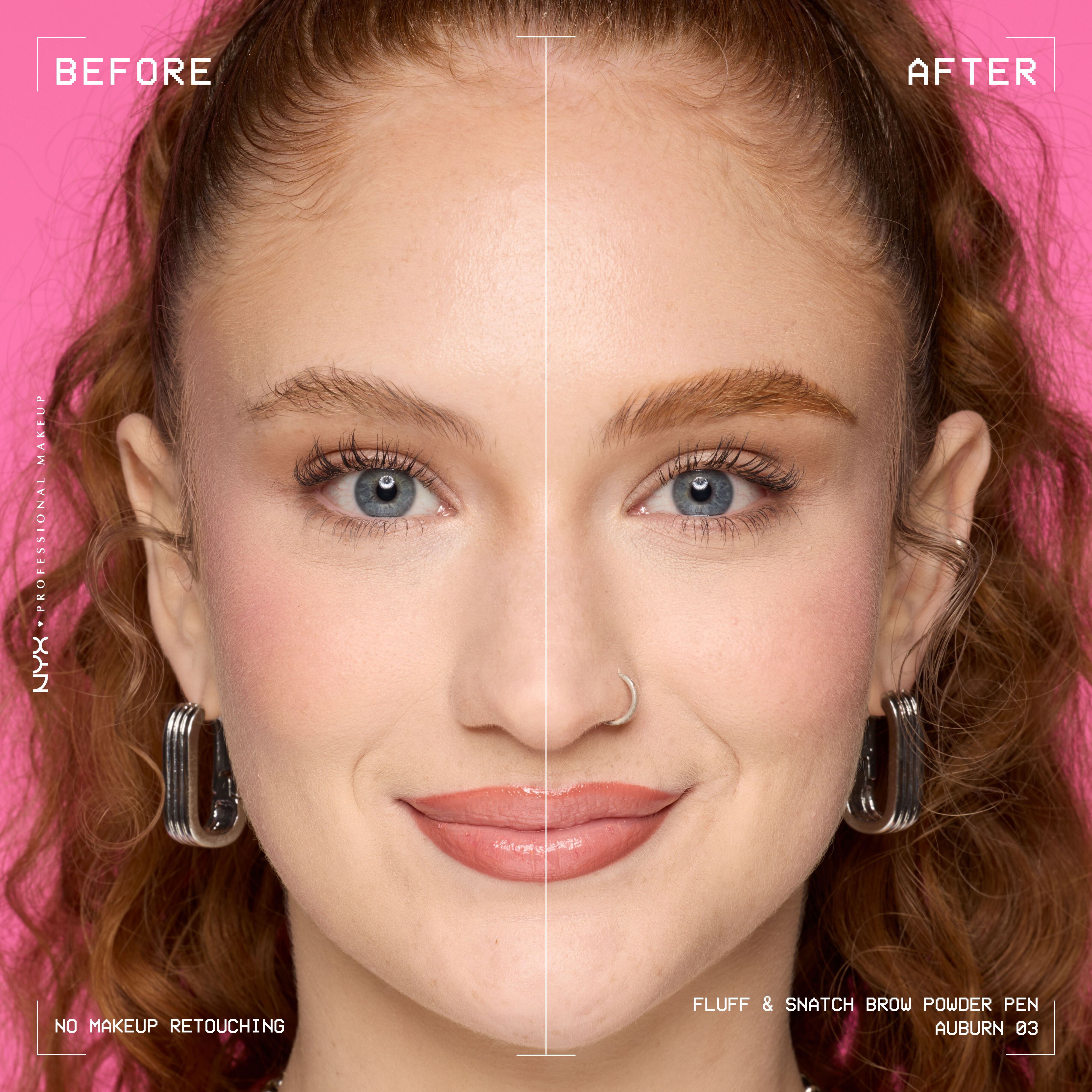 Modella mostrata prima e dopo l'utilizzo della penna per sopracciglia in polvere NYX Fluff and Snatch su sfondo rosa nella tonalita 03 Auburn
