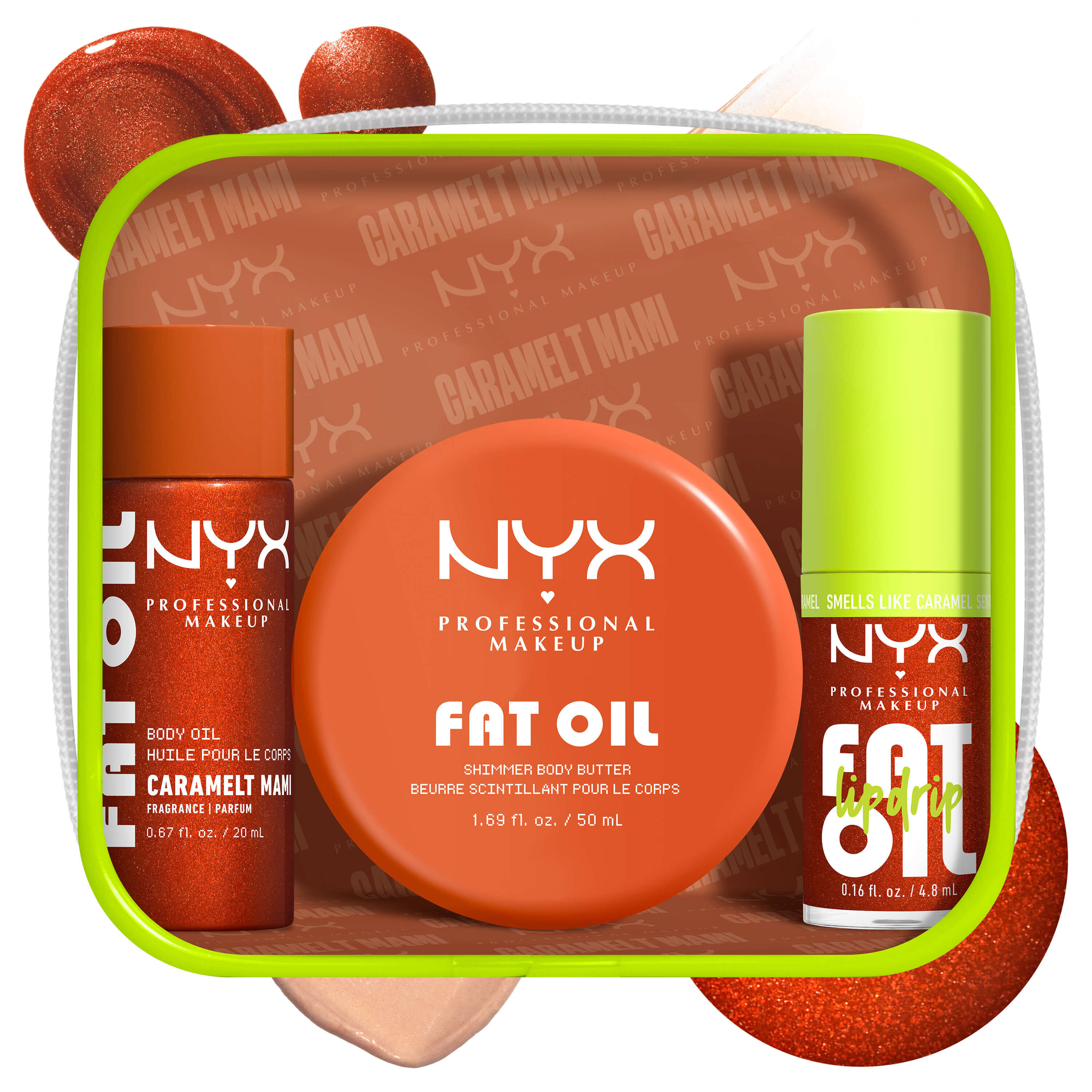 Kit labbra e corpo NYX Professional Makeup Caramelt Mami Fat Oil mostrato con tre prodotti: lucidalabbra Fat Oil Lip Drip, mini burro corpo Fat Oil e mini olio corpo Fat Oil (tutti in Caramelt Mami), con campioni di colore nelle tonalita del caramello.