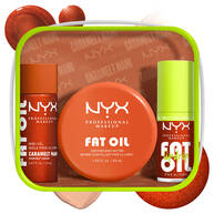 Kit labbra e corpo NYX Professional Makeup Caramelt Mami Fat Oil mostrato con tre prodotti: lucidalabbra Fat Oil Lip Drip, mini burro corpo Fat Oil e mini olio corpo Fat Oil (tutti in Caramelt Mami), con campioni di colore nelle tonalita del caramello.