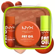 Kit labbra e corpo NYX Professional Makeup Caramelt Mami Fat Oil mostrato con tre prodotti: lucidalabbra Fat Oil Lip Drip, mini burro corpo Fat Oil e mini olio corpo Fat Oil (tutti in Caramelt Mami), con campioni di colore nelle tonalita del caramello.