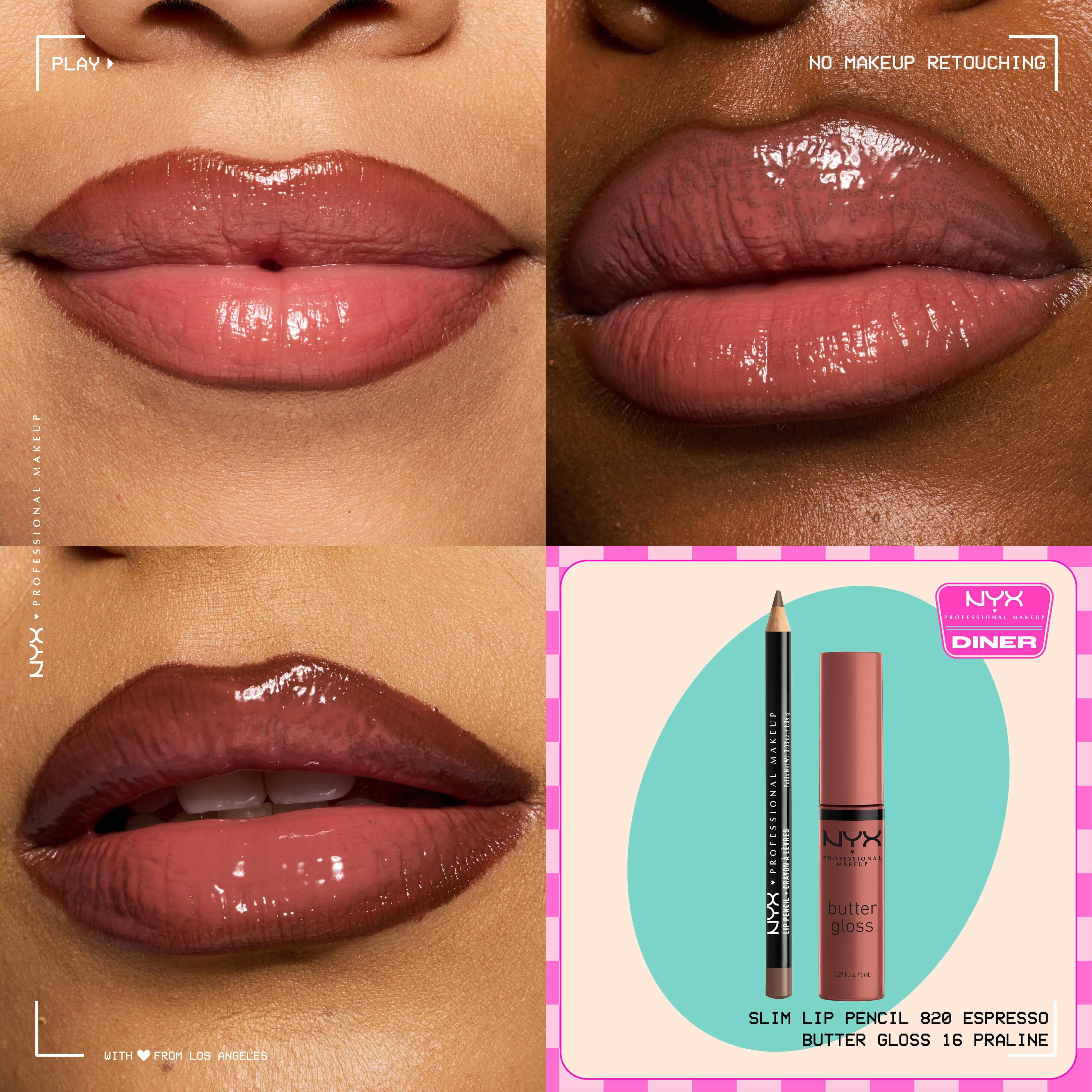 NYX Professional Makeup Slim Lip Pencil nella tonalita 820 Espresso e Butter Gloss nella tonalita 16 Praline mostrati su tre primi piani di labbra con un piccolo packshot del duo di prodotti.