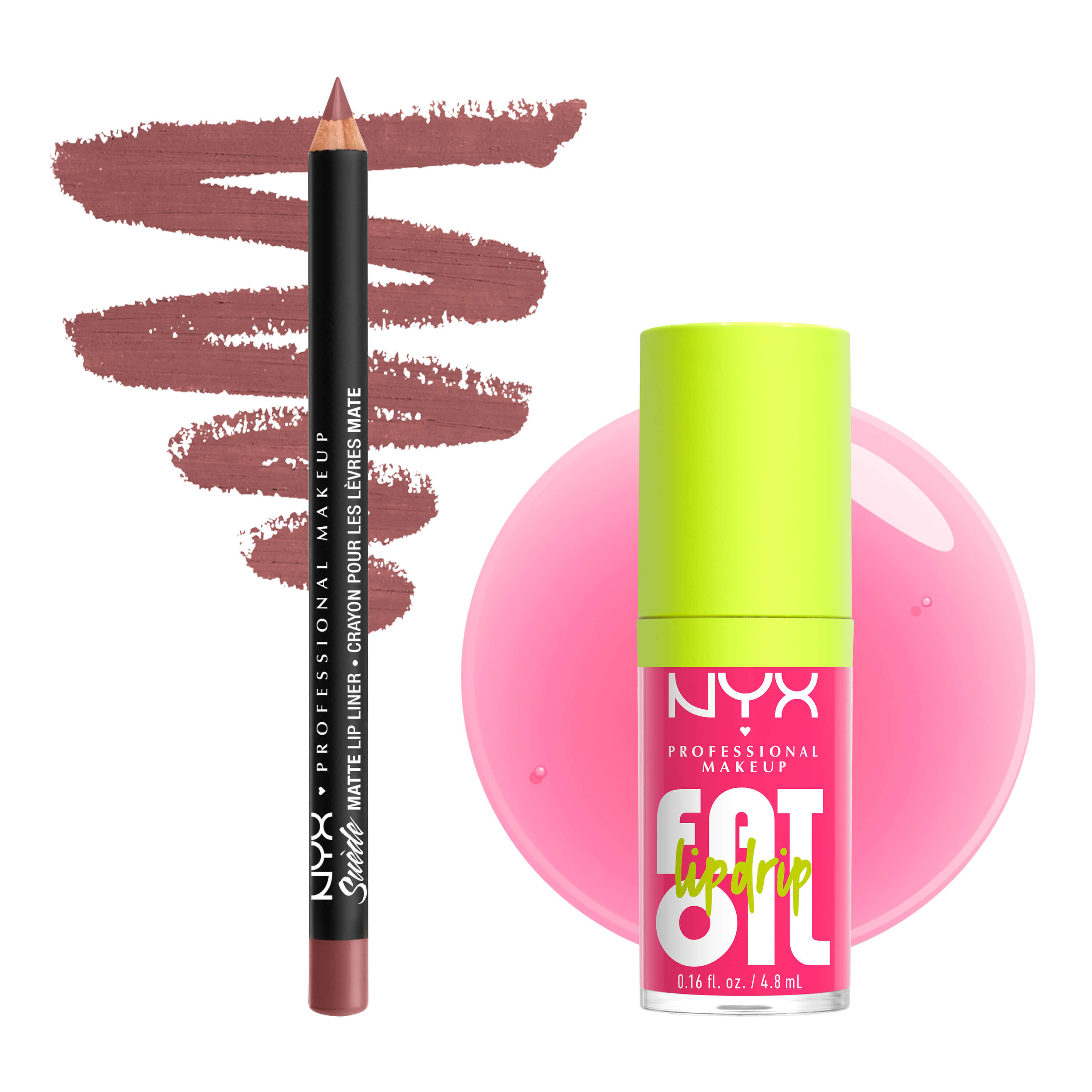 Matita labbra NYX Professional Makeup Suede Matte Lip Liner n. 25 Whipped Caviar e gloss Fat Oil Lip Drip n. 02 Missed Call mostrati con swatch labbra abbinati su sfondo bianco.