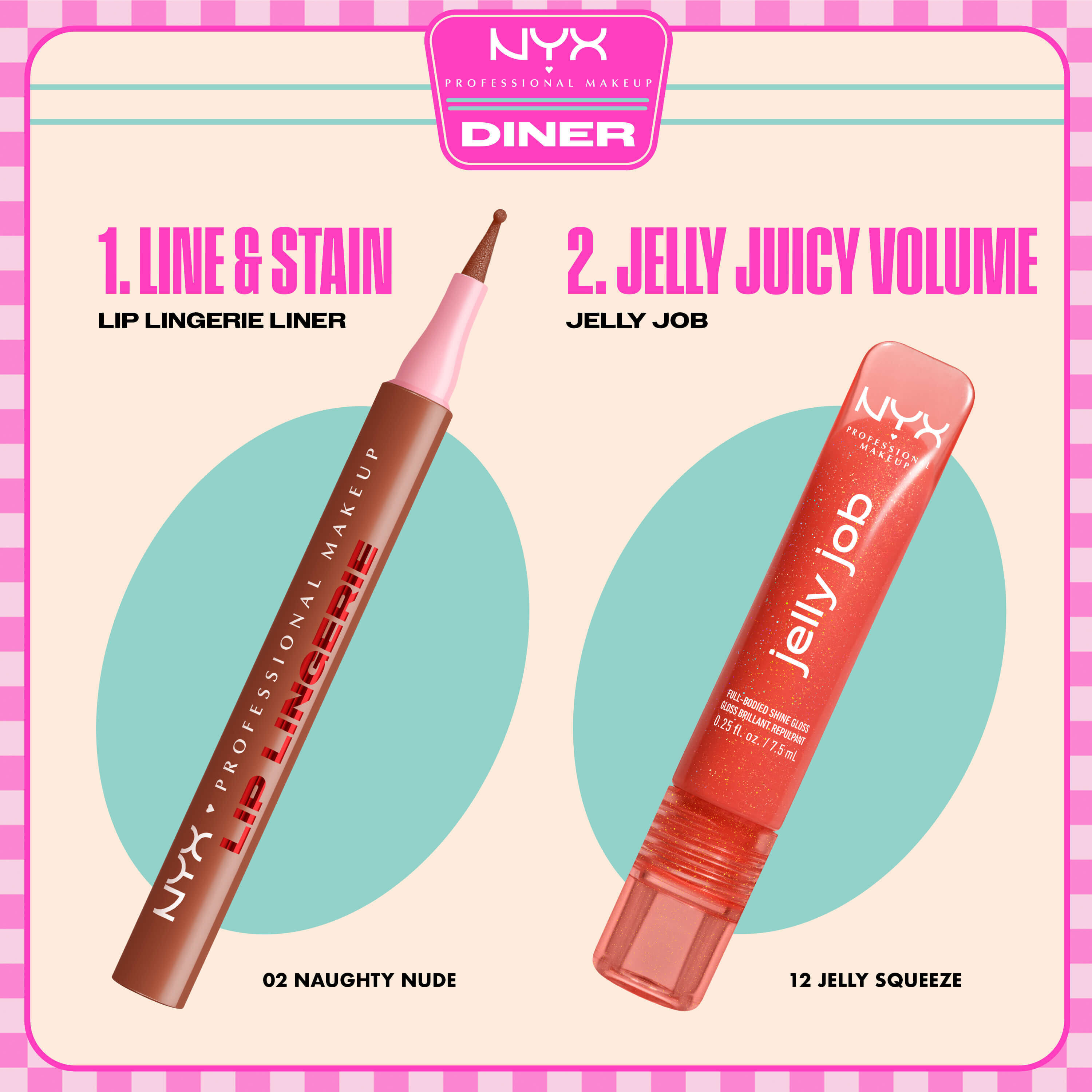 Matita labbra NYX Professional Makeup Lip Lingerie Lip Liner Stain n. 02 Naughty Nude e gloss Jelly Job Full Bodied Shine Gloss n. 12 Jelly Squeeze presentati come una routine labbra in due passaggi.