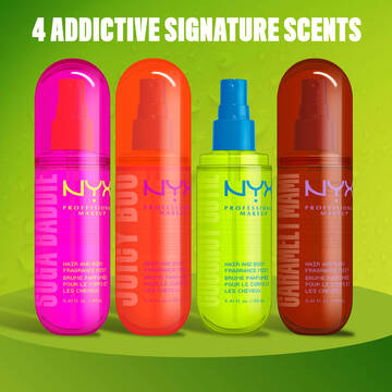 Quattro spray profumati capelli e corpo NYX Professional Makeup mostrate insieme nelle varianti Suga Baddie, Juicy Boo, Coconut Cutie e Caramelt Mami su sfondo verde.