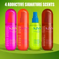 Quattro spray profumati capelli e corpo NYX Professional Makeup mostrate insieme nelle varianti Suga Baddie, Juicy Boo, Coconut Cutie e Caramelt Mami su sfondo verde.
