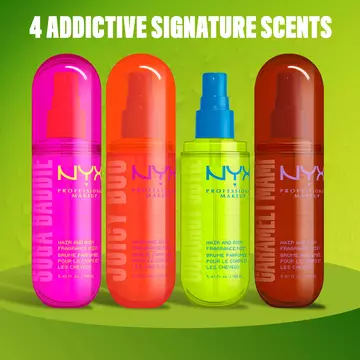 Quattro spray profumati capelli e corpo NYX Professional Makeup mostrate insieme nelle varianti Suga Baddie, Juicy Boo, Coconut Cutie e Caramelt Mami su sfondo verde.