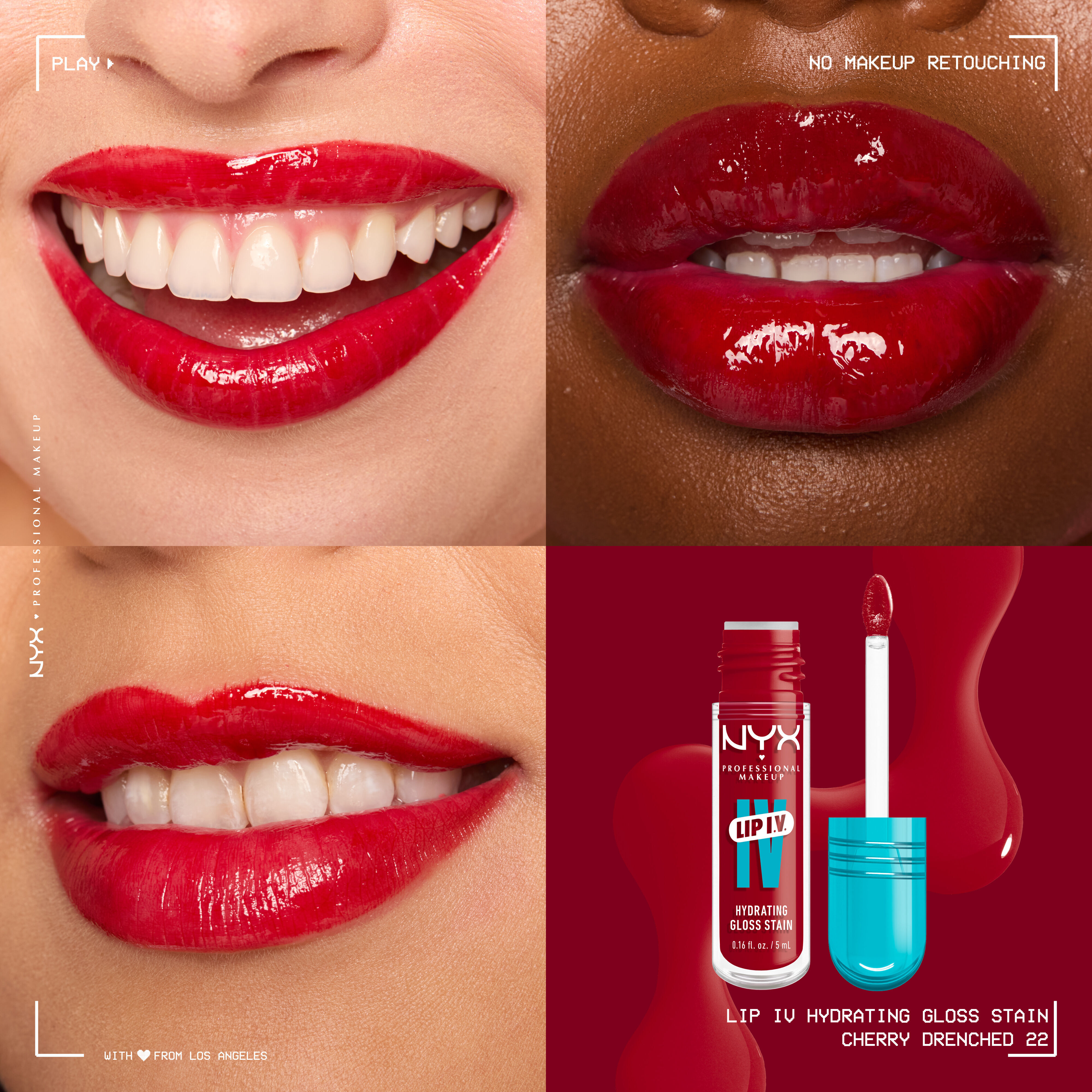 Tre macro labbra in diverse tonalita di pelle che mostrano la tinta labbra NYX Professional Makeup Lip IV Hydrating Gloss Stain, con il relativo swatch di prodotto e packshot nella tonalita 22 Cherry Drenched'.