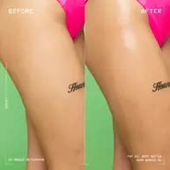 Confronto prima e dopo sulle gambe con il burro NYX Professional Makeup Fat Oil (Suga Baddie); mostra una pelle dall'aspetto piu liscio, radioso e luminoso dopo l'applicazione.