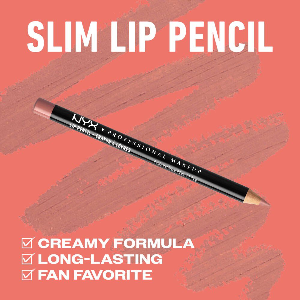 NYX Professional Makeup Slim Lip Pencil nella tonalita 858 Nude Pink mostrato con formula cremosa, lunga tenuta e benefici da prodotto cult (fan favorite) su uno sfondo corallo.